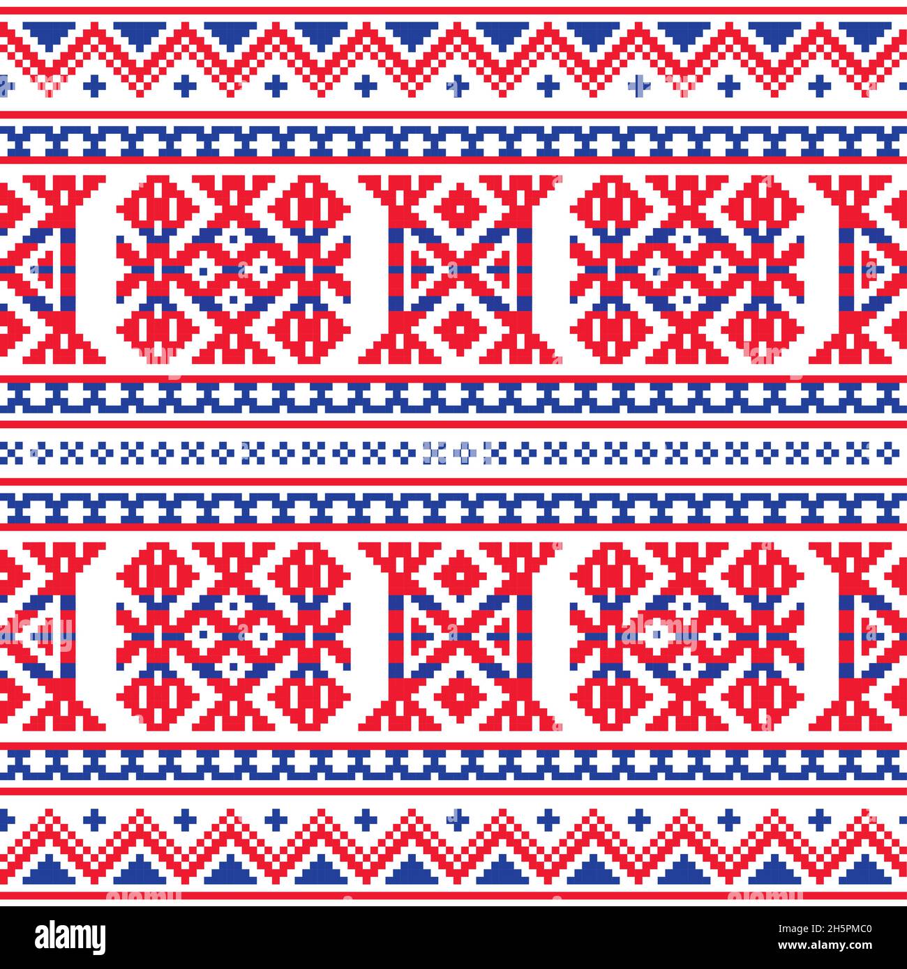 Sami folk art vector seamless pattern, retro design styled as traditional cross-stitch ornament from Lapland in red and blue Stock Vector