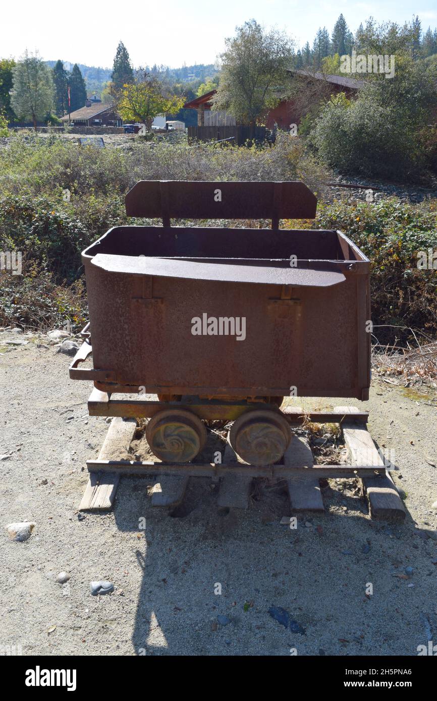 Small hopper used to transport ore and stone during Gold Rush era California. Stock Photo
