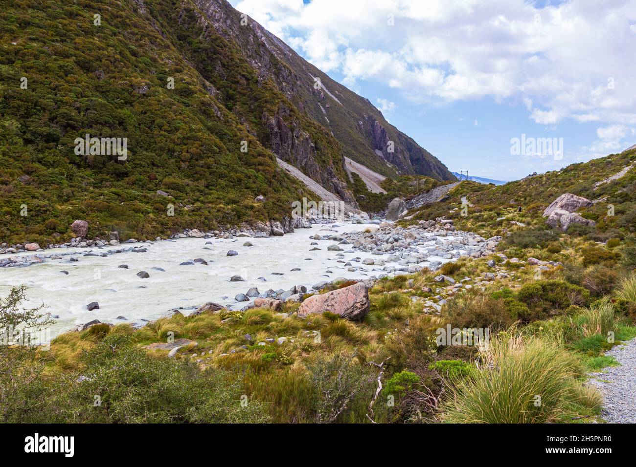 A fast river among the snow-capped mountains not far from Hooker Lake. New Zealand Stock Photo