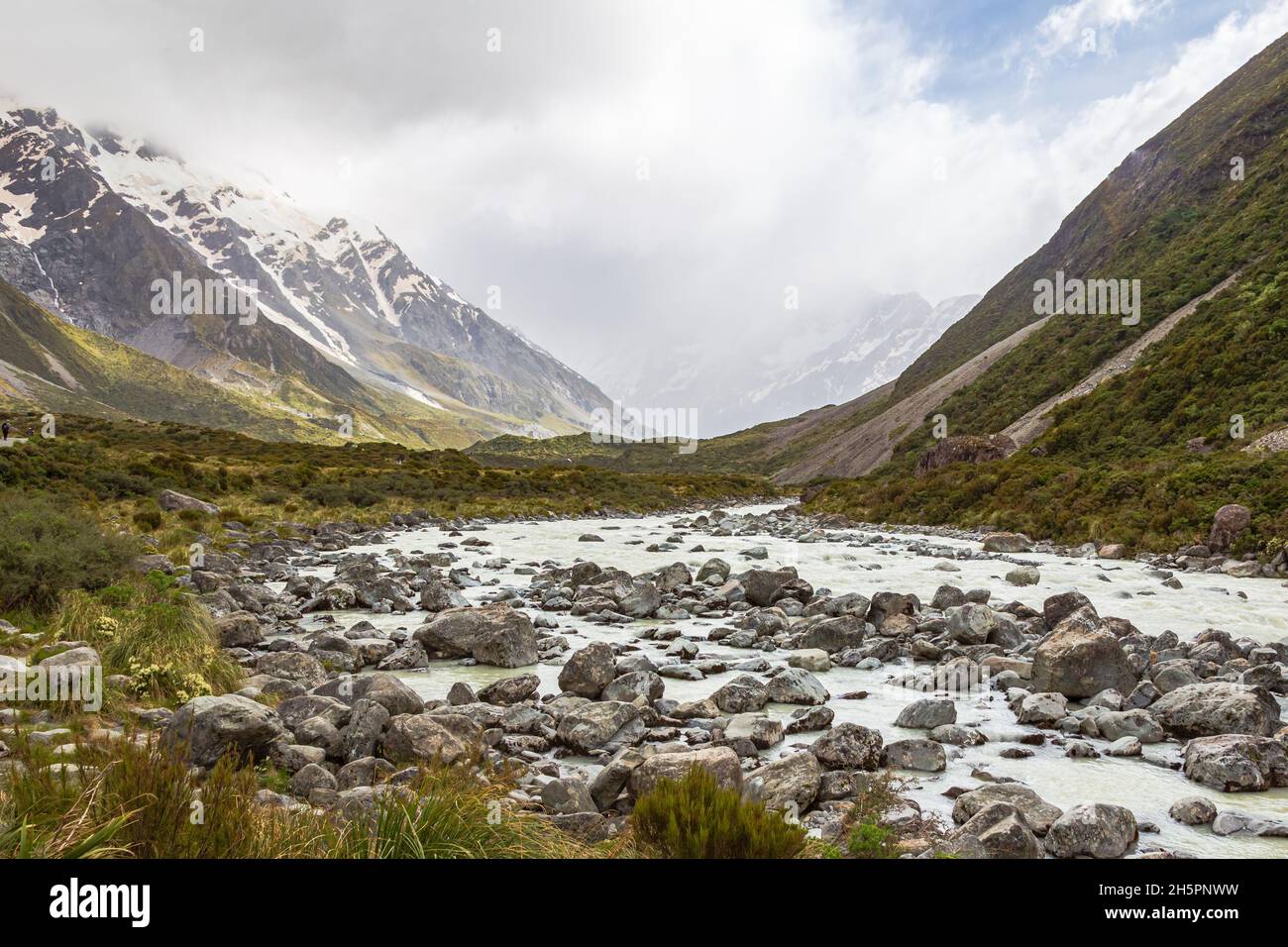 A picturesque valley in the Southern Alps with a small fast flowing river. Not far from Hooker Lake. New Zealand Stock Photo