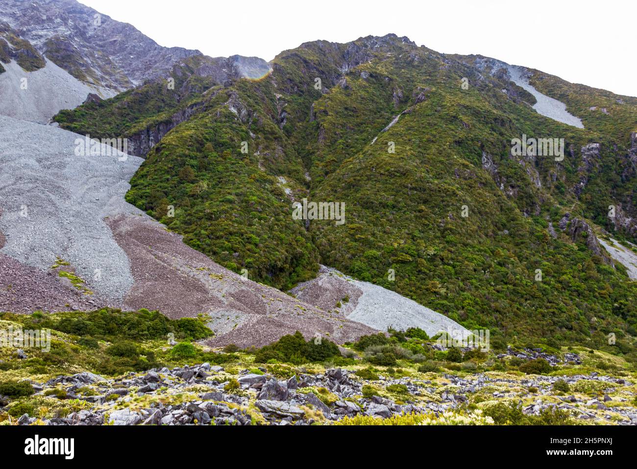Glacier footprints in a valley between lakes in the Southern Alps. New Zealand Stock Photo