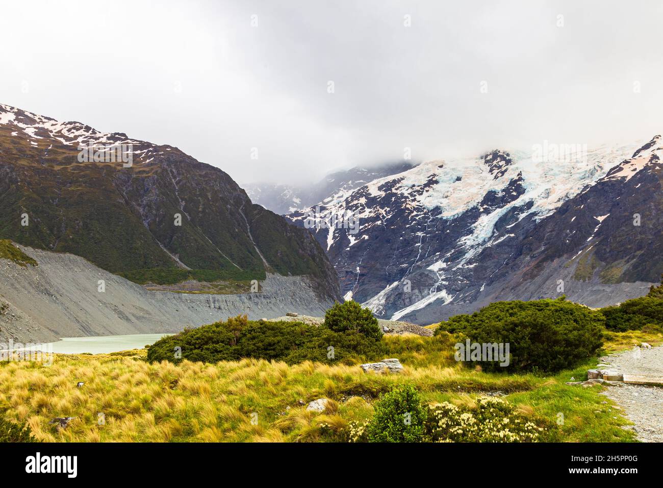 Landscapes in the Southern Alps. Lake surrounded by snow-capped mountains, New Zealand Stock Photo