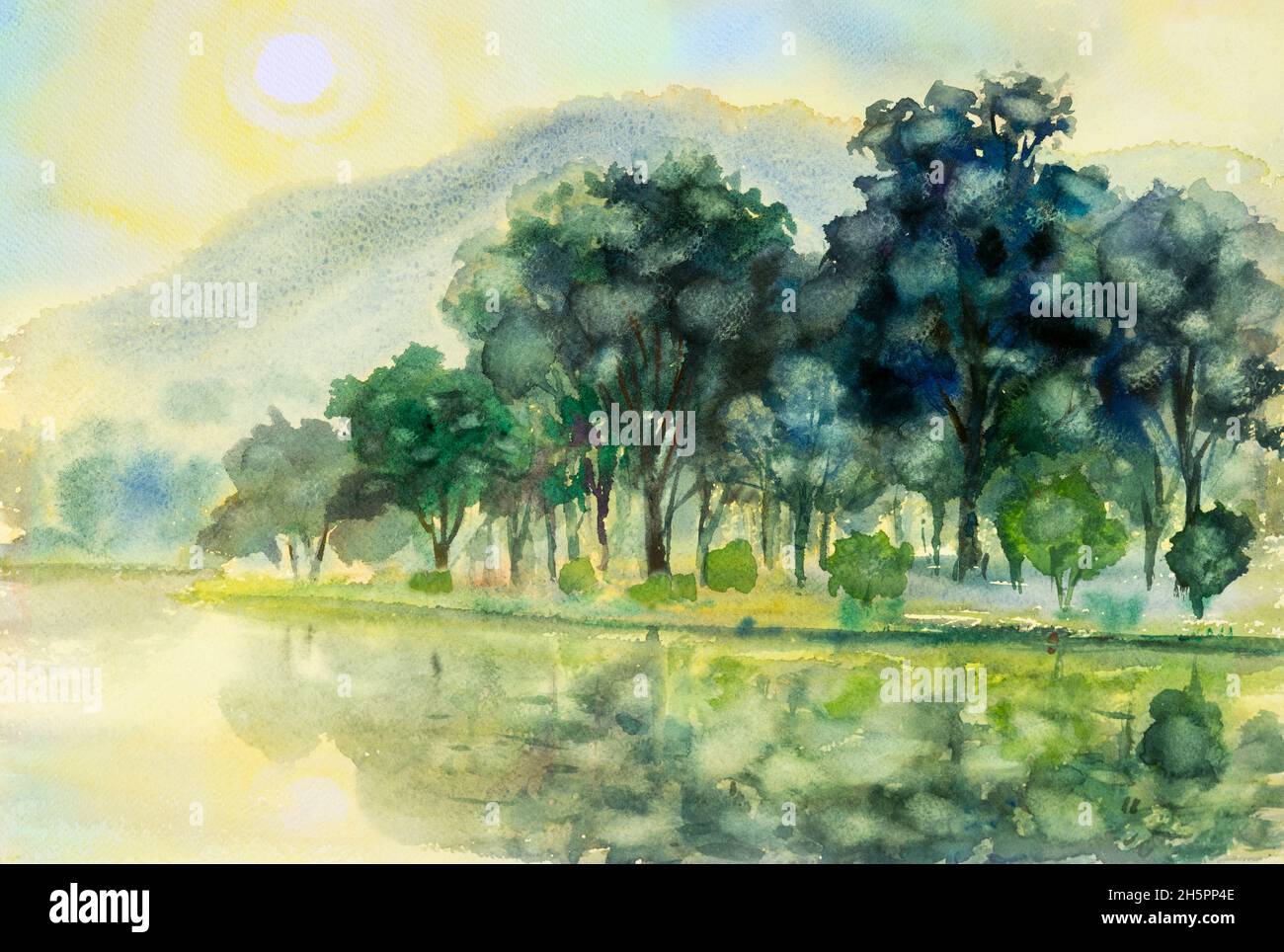 Watercolor landscape original painting colorful of sun in morning and mountain,river in beauty nature winter season. Painted Impressionist, abstract i Stock Photo