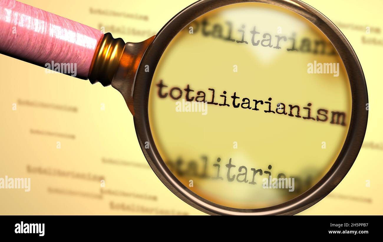 Word Totalitarianism and a magnifying glass enlarging it to symbolize