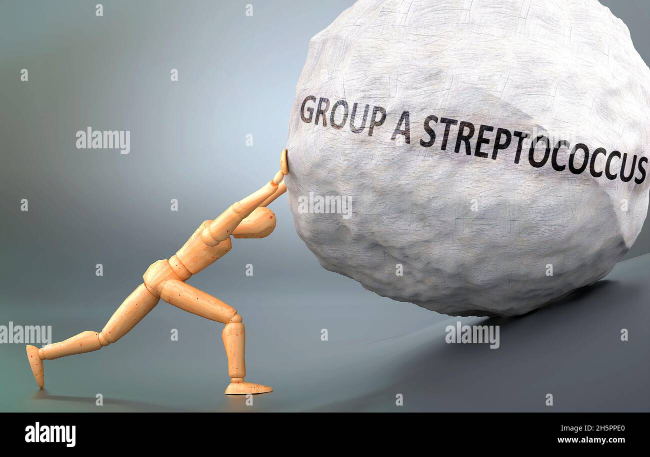 Depiction of Group a streptococcus  shown a wooden model pushing heavy weight to symbolize struggle and pain when dealing with Group a streptococcus , Stock Photo