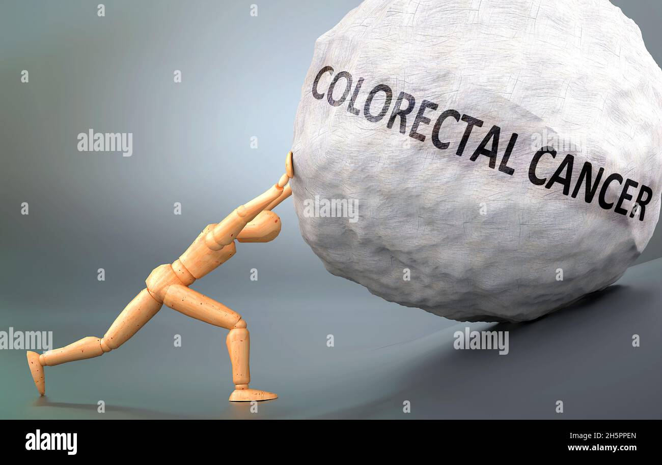 Depiction of Colorectal cancer shown a wooden model pushing heavy weight to symbolize struggle and pain when dealing with Colorectal cancer, 3d illust Stock Photo