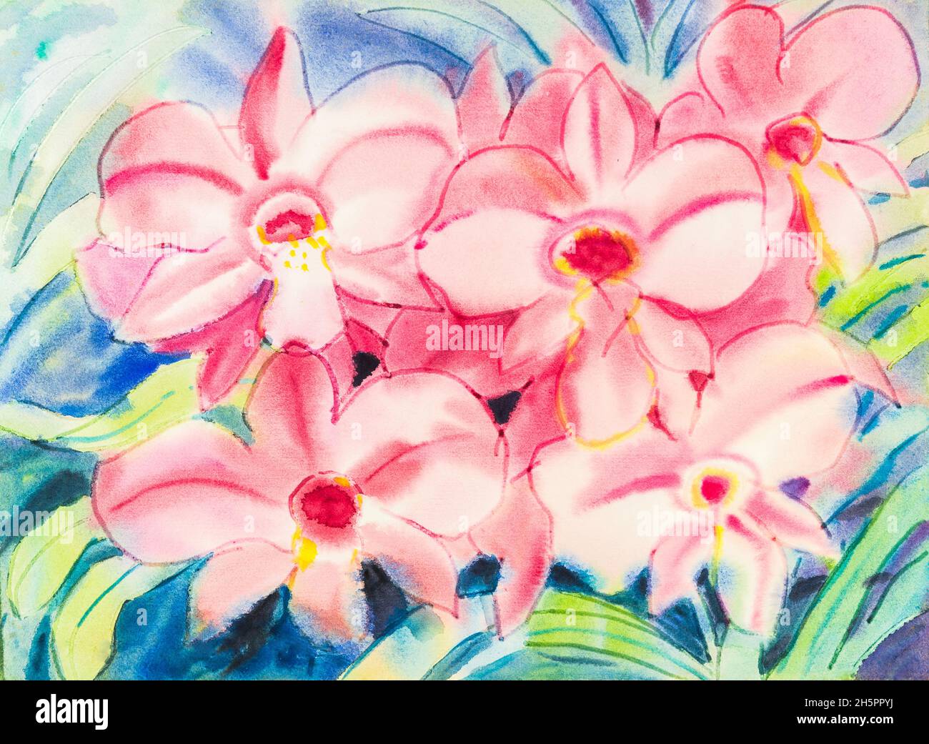 Abstract watercolor original painting purple,pink color of orchid  flowers  and green leaves in blue color background. Stock Photo