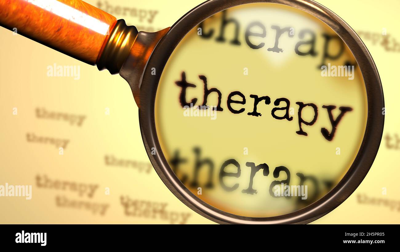 Therapy - magnifying glass enlarging English word Therapy to symbolize taking a closer look, analyzing or searching for an explanation and answers rel Stock Photo