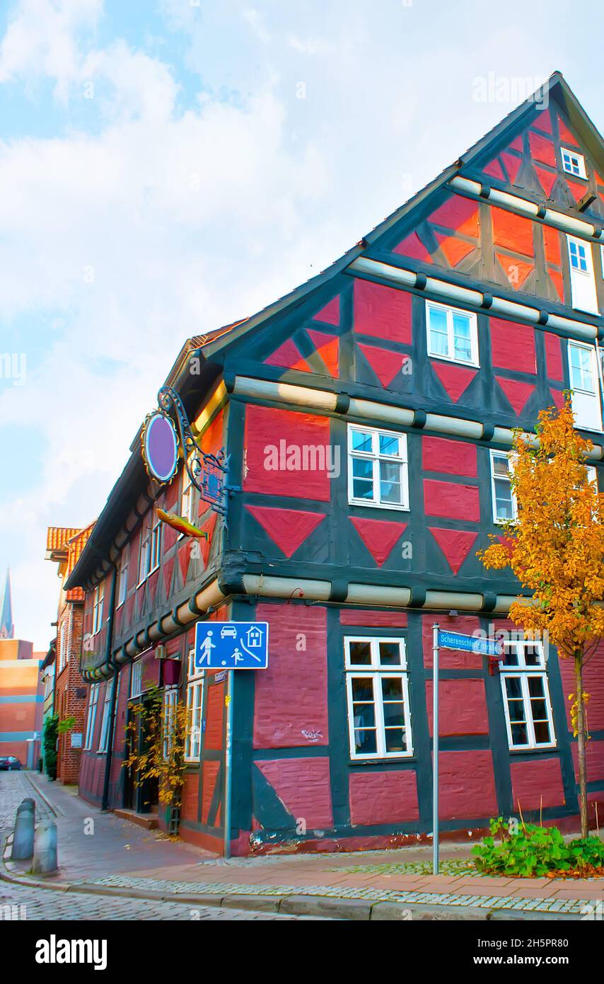 Amazing medieval half-pimbered house in Luneburg, Germany Stock Photo