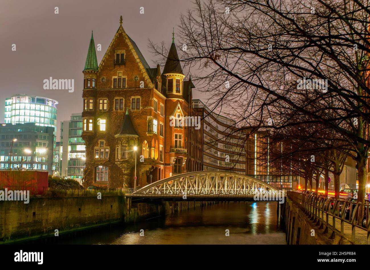 Wasserschloss with scenic towers is the  most famous and the oldest building in Speicherstadt district, Hamburg, Germany Stock Photo