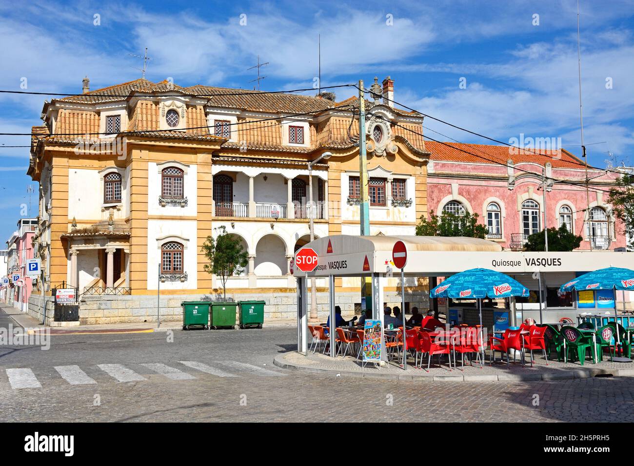 Pavement cafe and buildings along the Av Da Republica, Vila Real de Santo Antonio, Algarve, Portugal, Europe. Stock Photo