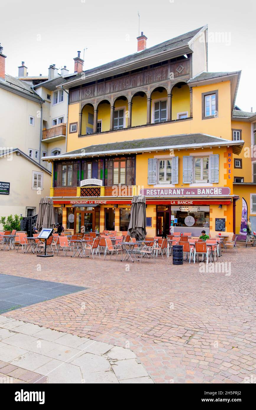 Chambéry Old Town , Savoie department in the Auvergne-Rhône-Alpes region of eastern France.  is an Alpine town in southeast France. In the old town is Stock Photo