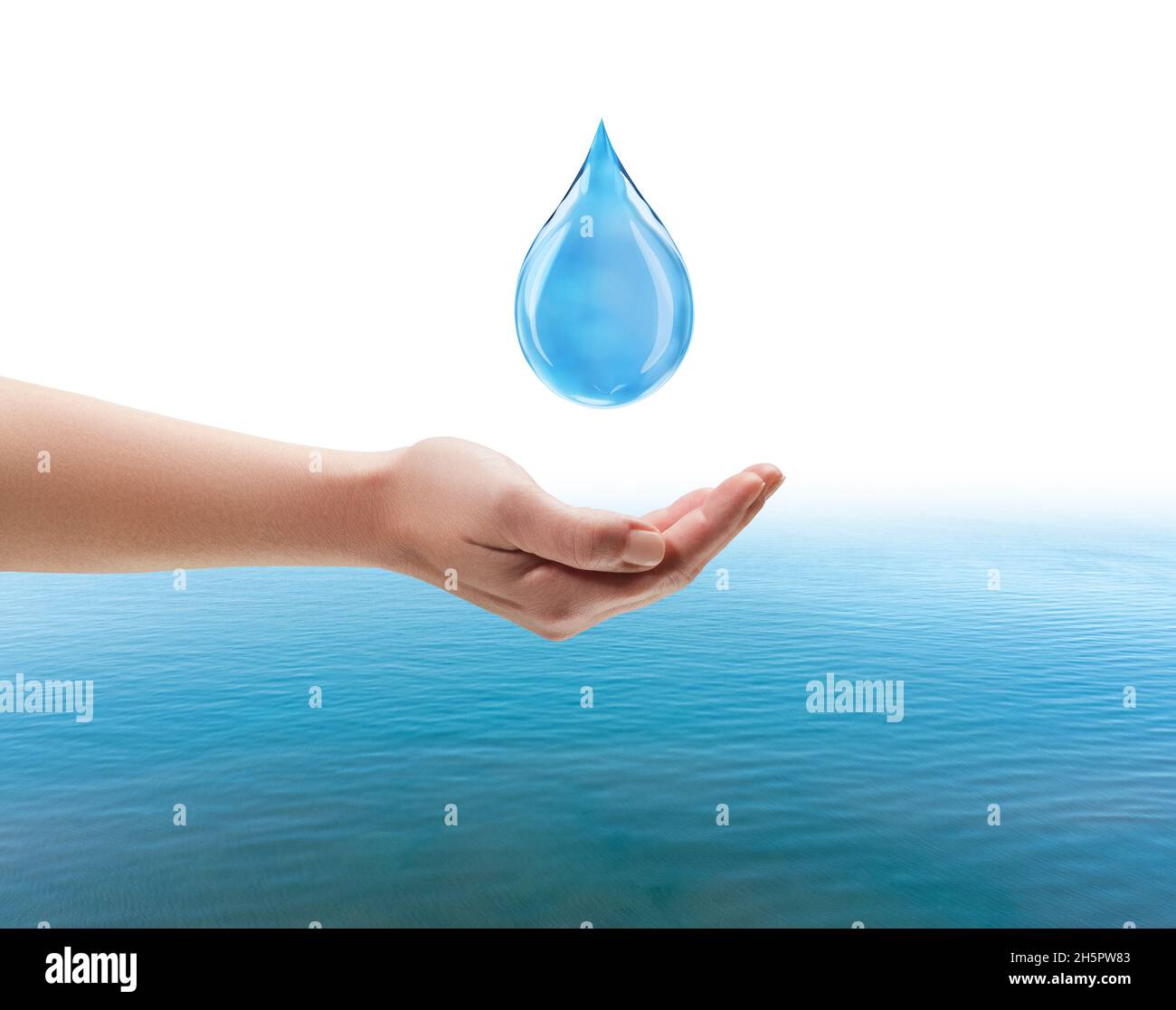 Hand try to holding water drop isolated on white background dropping. saving water concept. 3D illustration. High quality 3d illustration Stock Photo