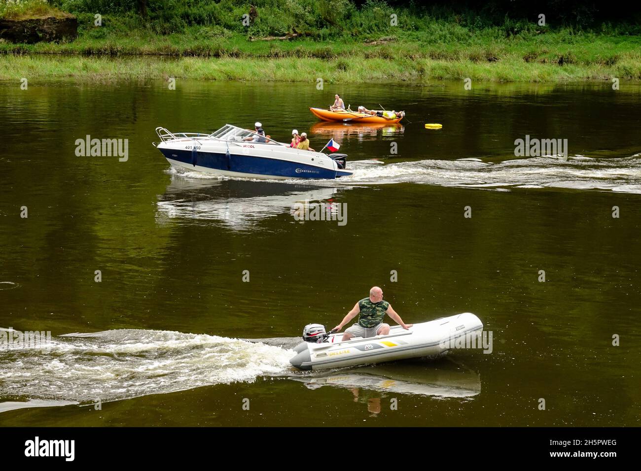 Elbe river boats people in summer vacation Germany Saxony Czech Geman border Stock Photo