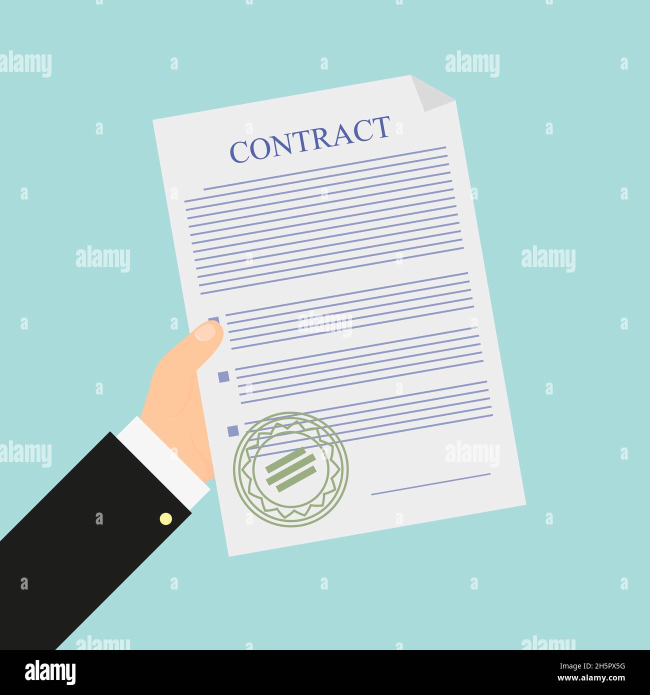 hand holds contract on blue background, vector illustration Stock ...