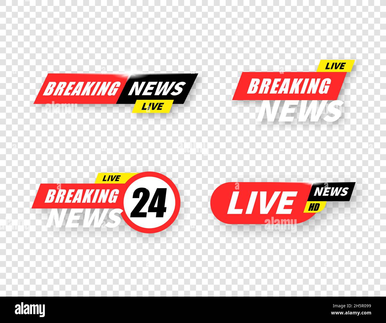 Breaking news live tv bar set, headline title collection on transparent background. Stock Vector