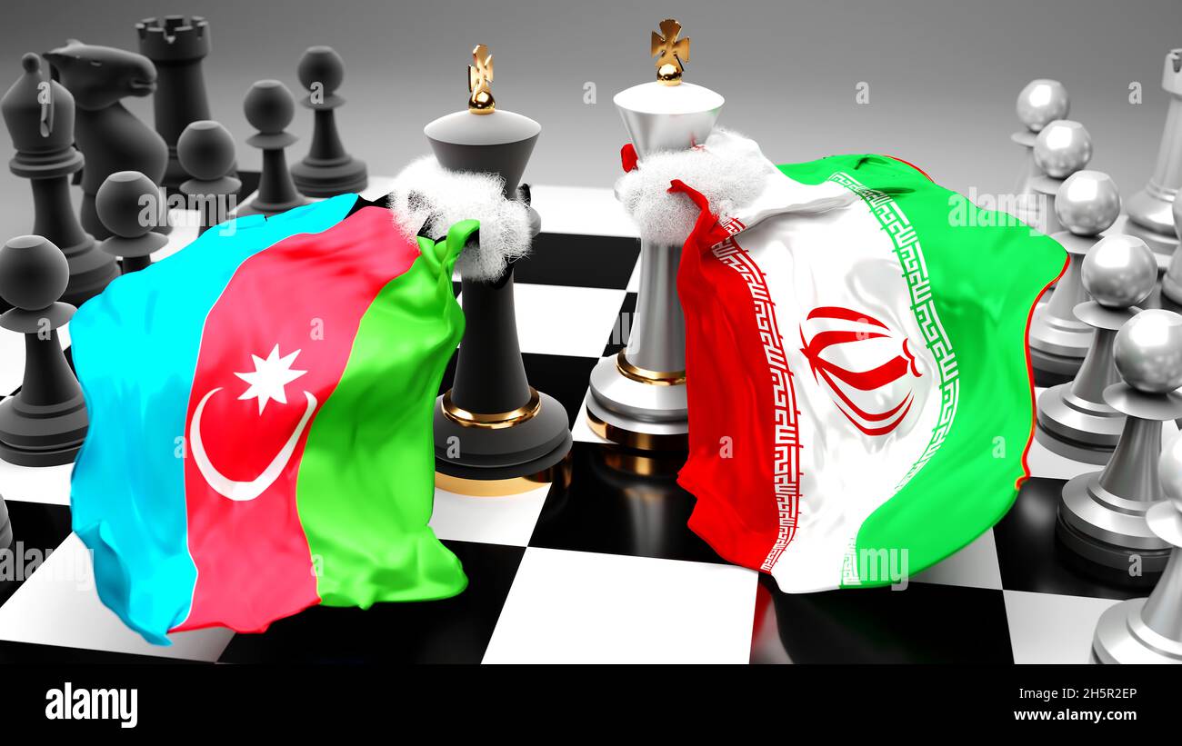 Azerbaijan Iran crisis, clash, conflict and debate between those two countries that aims at a trade deal or dominance symbolized by a chess game with Stock Photo