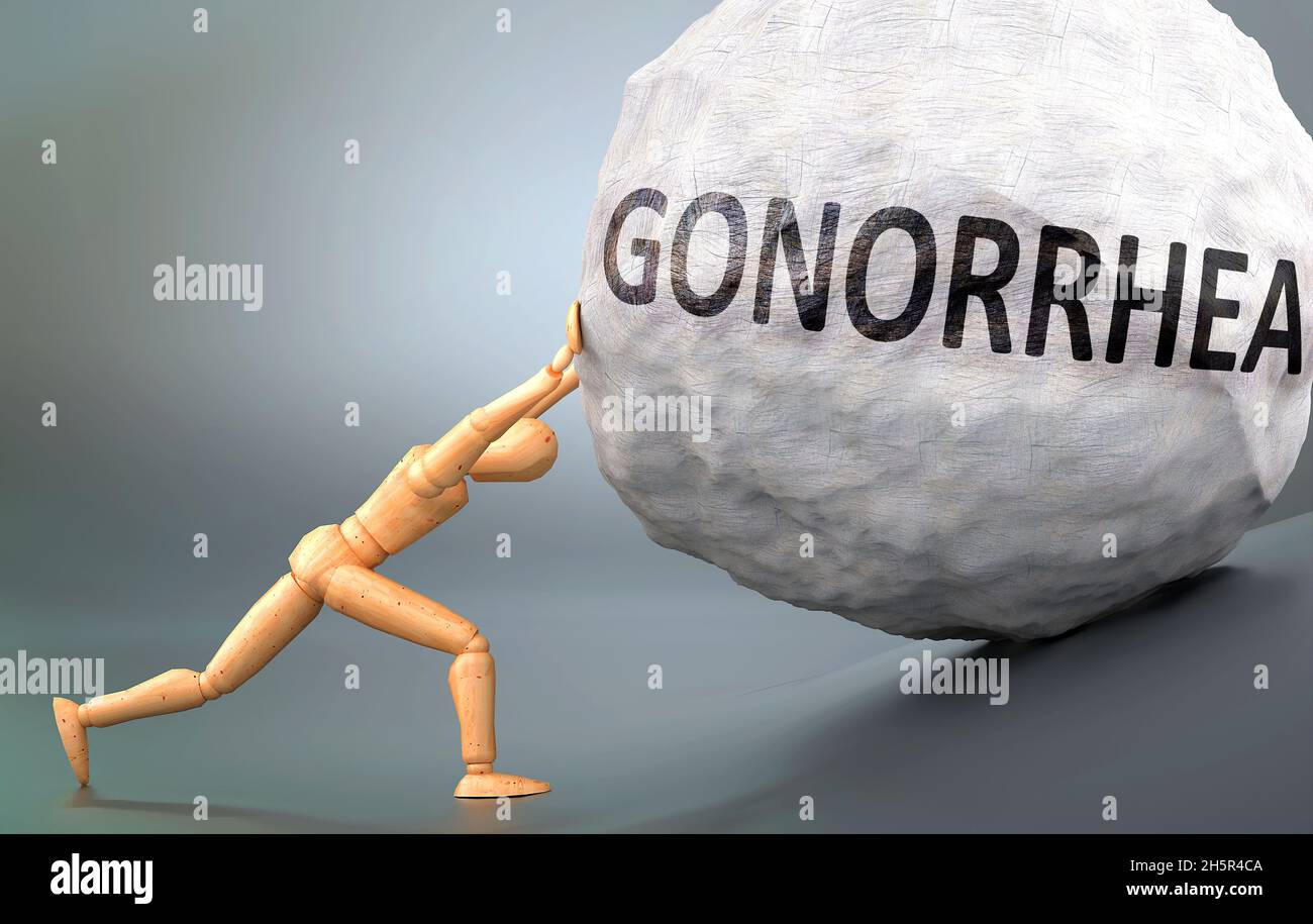 Gonorrhea - depiction, impression and presentation of this condition shown a wooden model pushing heavy weight to symbolize struggle and pain when dea Stock Photo