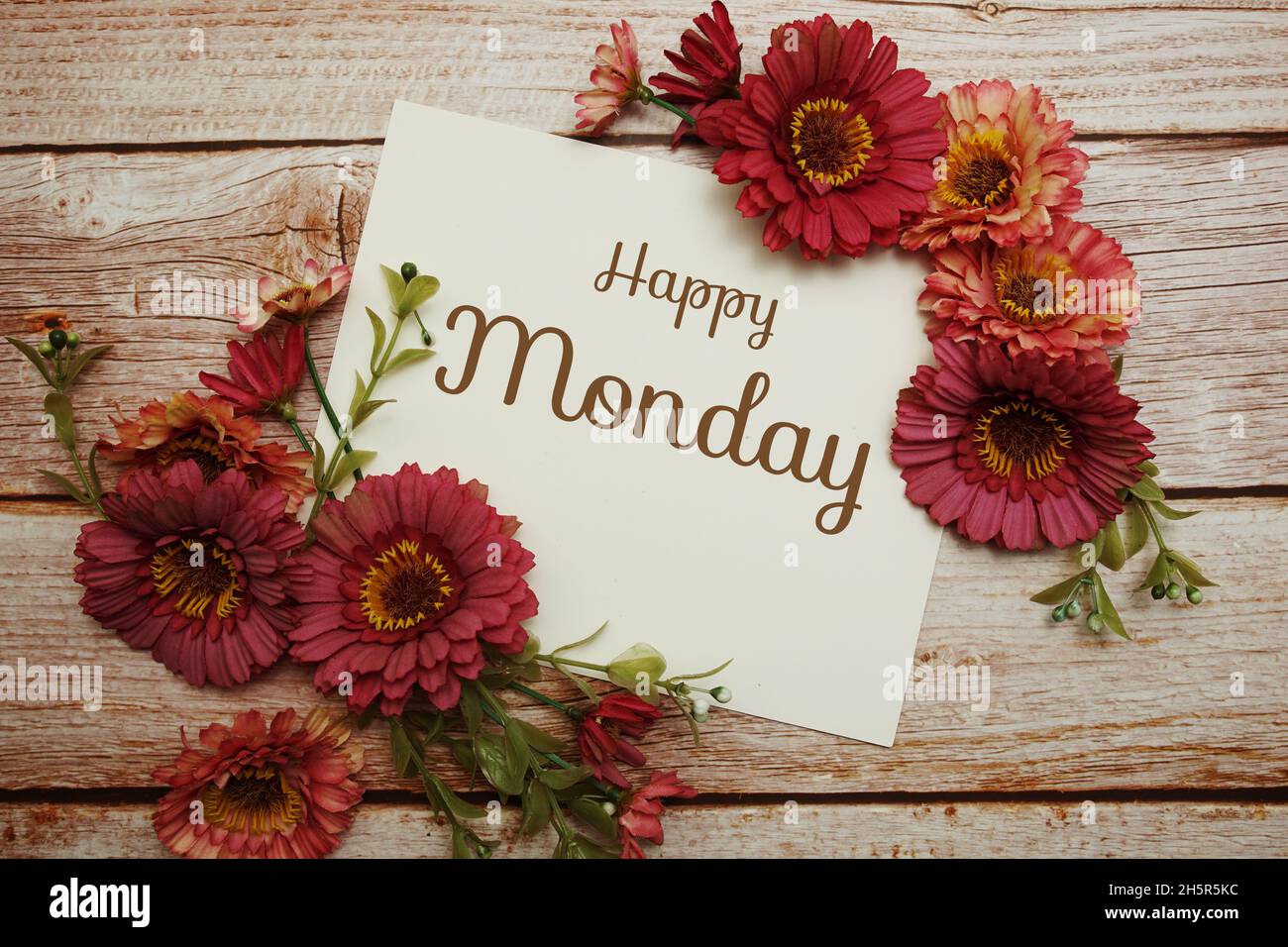 Happy Monday card typography text with flower bouquet on wooden ...