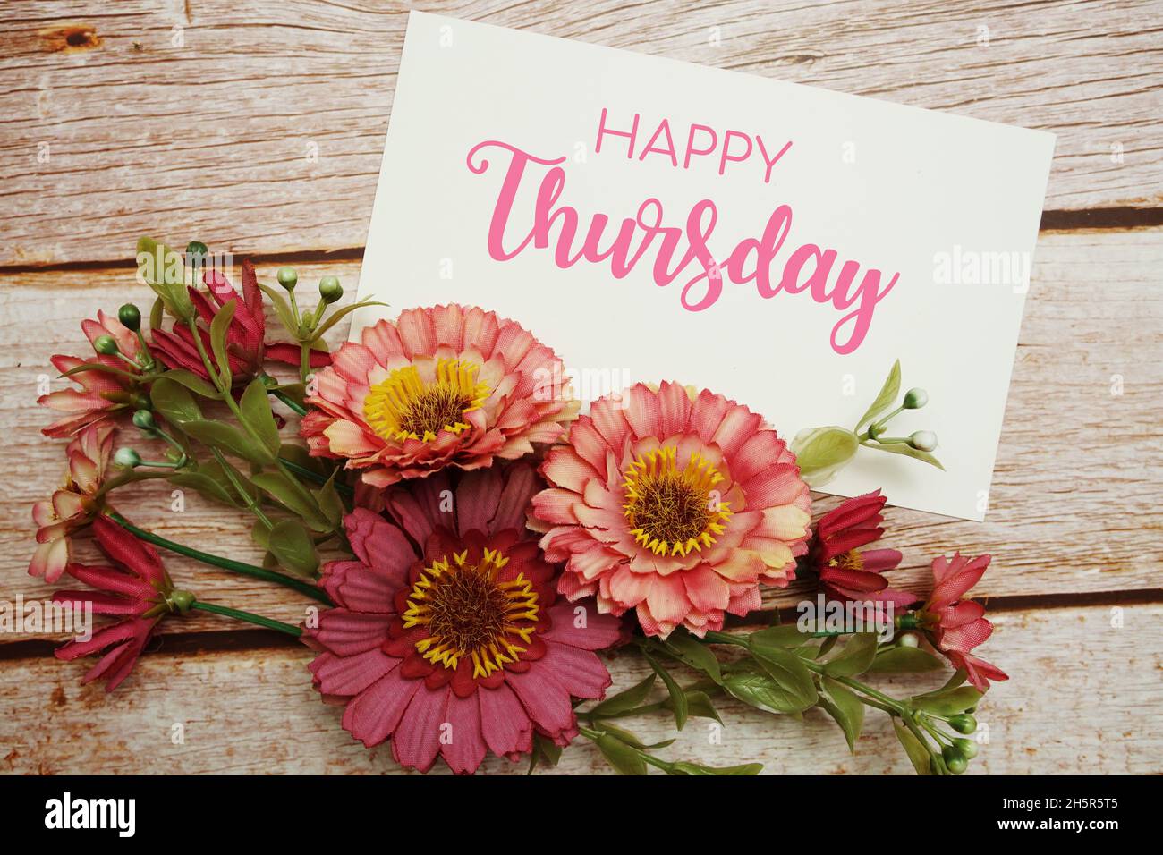 Happy Thursday card typography text with flower bouquet on wooden ...