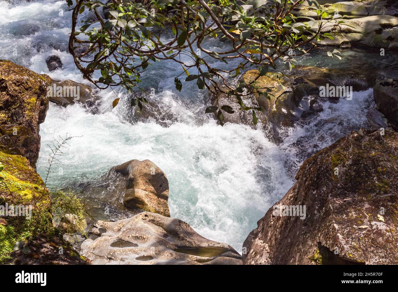 Fiordland. A stormy stream disappearing into a funnel. Funnel Chasm. Stream among stones. New Zealand. Stock Photo