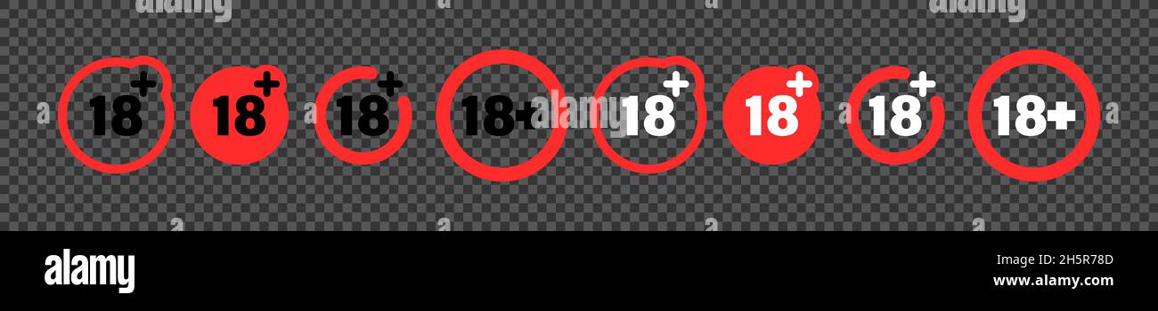 18 over years underage warning, eighteen plus year recomendation collection rating over red circle icon set Stock Vector