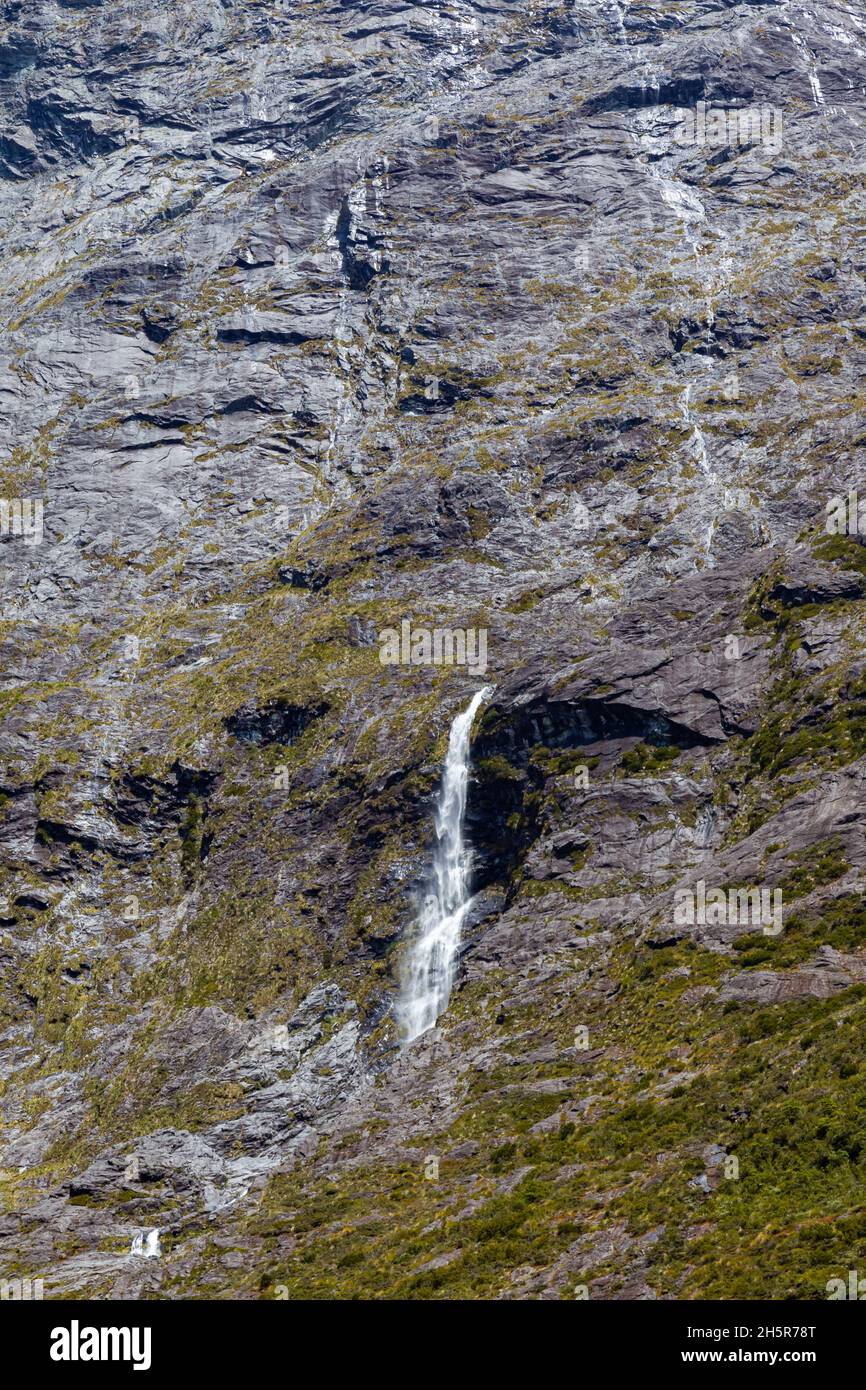 A small stream of water from the sheer cliffs on the way to Fiordland