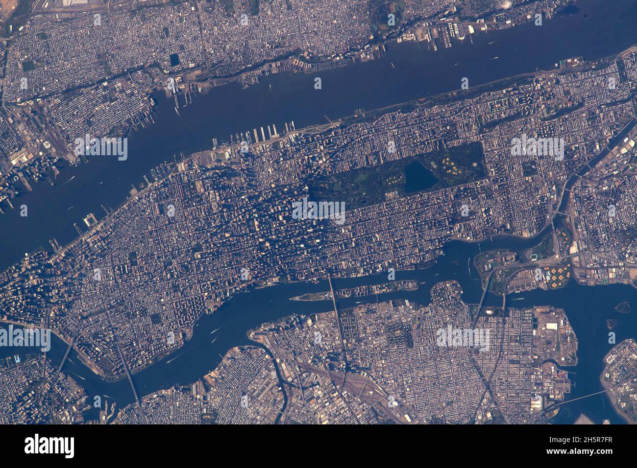 NEW YORK, USA - 15 October 2021 - Central Park figures prominently in this photograph of Manhattan Island in New York City as the International Space Stock Photo