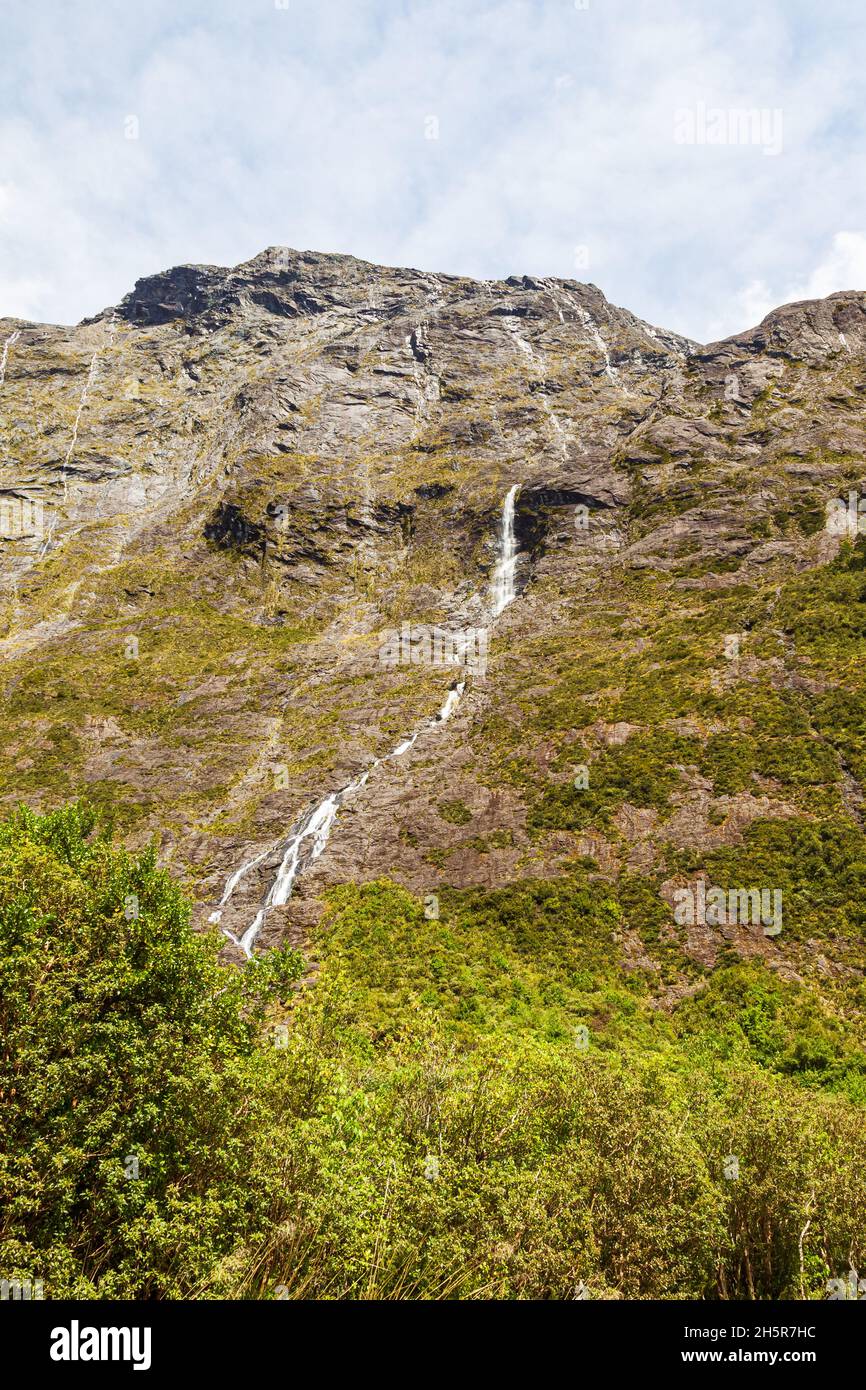 Numerous streams from the mountains on the road to Fiordland. New Zealand Stock Photo