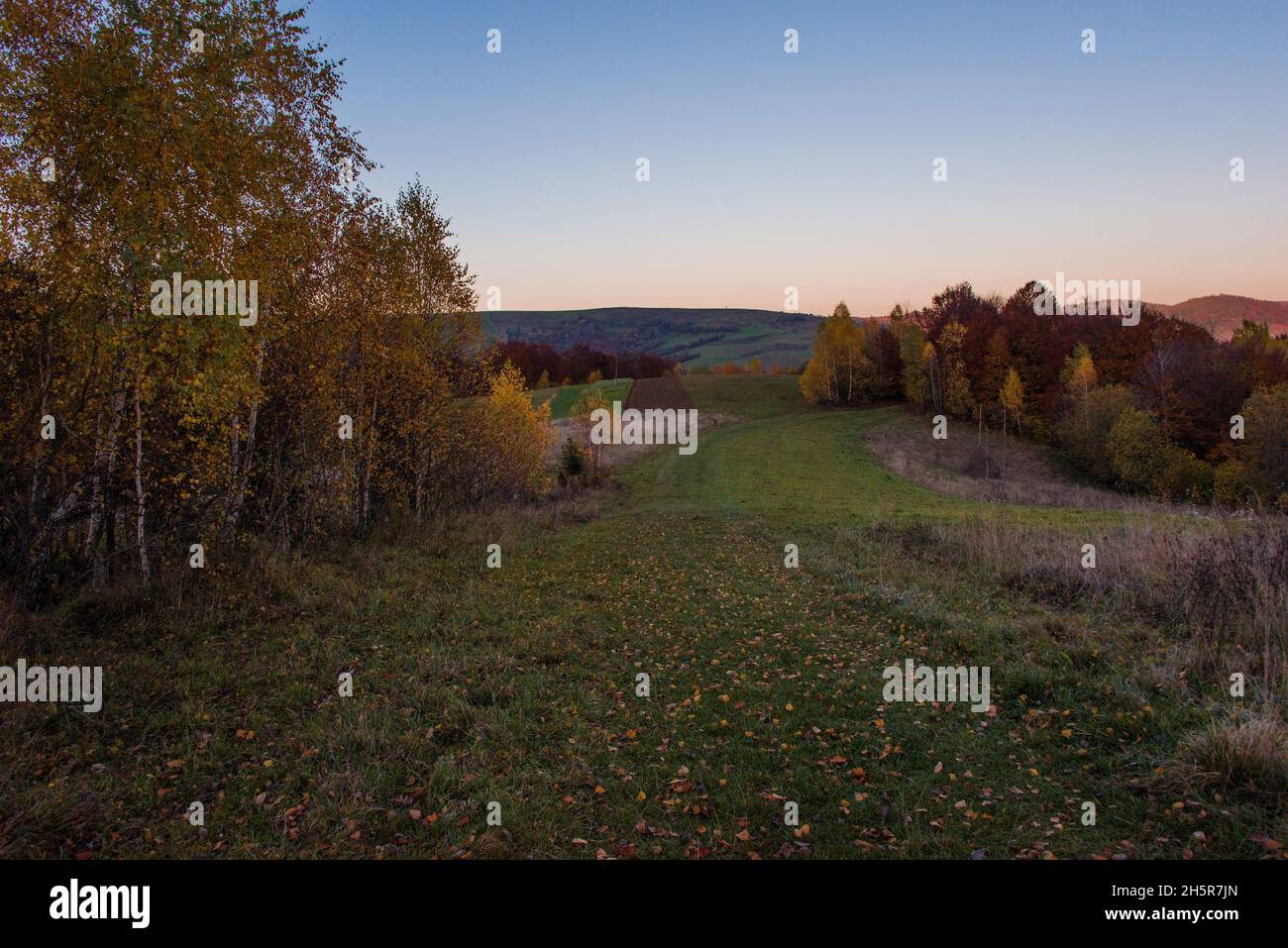 View of hills of Water Dividing ridge covered in red, orange and yellow ...