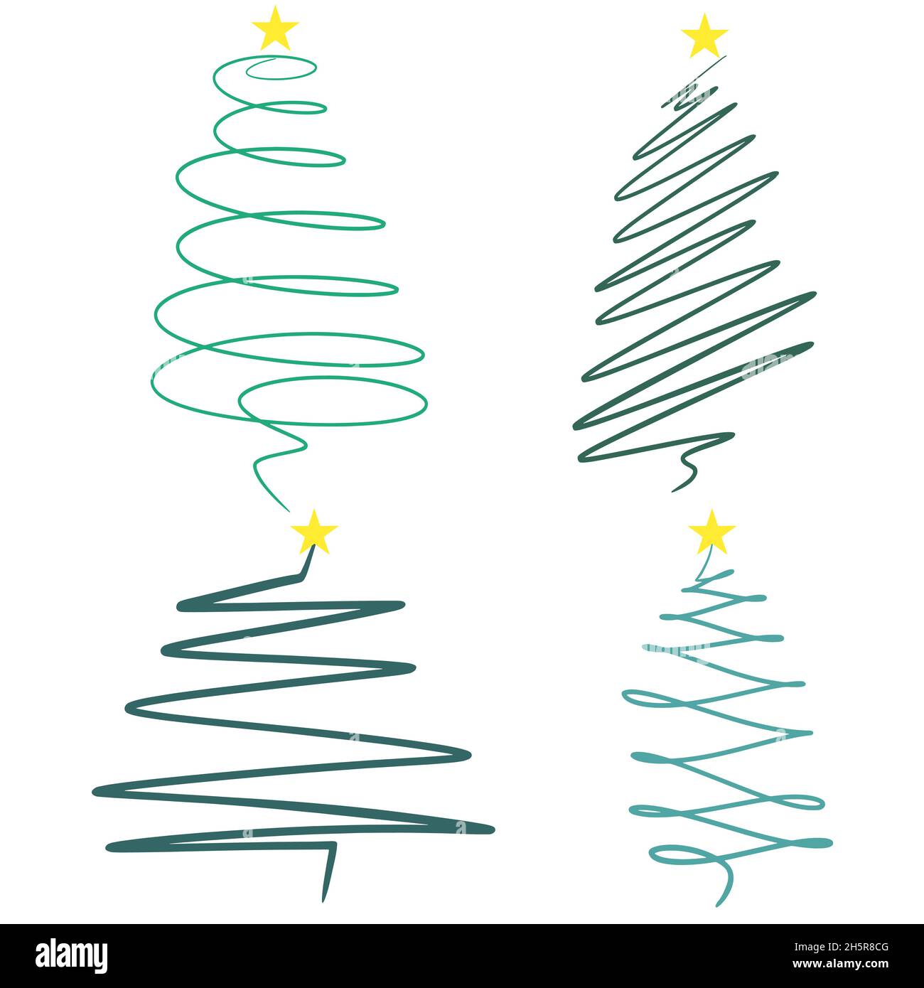 Set of concise Christmas spruces, vector illustration. Collection of Christmas trees with stars line art. Minimalistic decorations for New Year's card Stock Vector