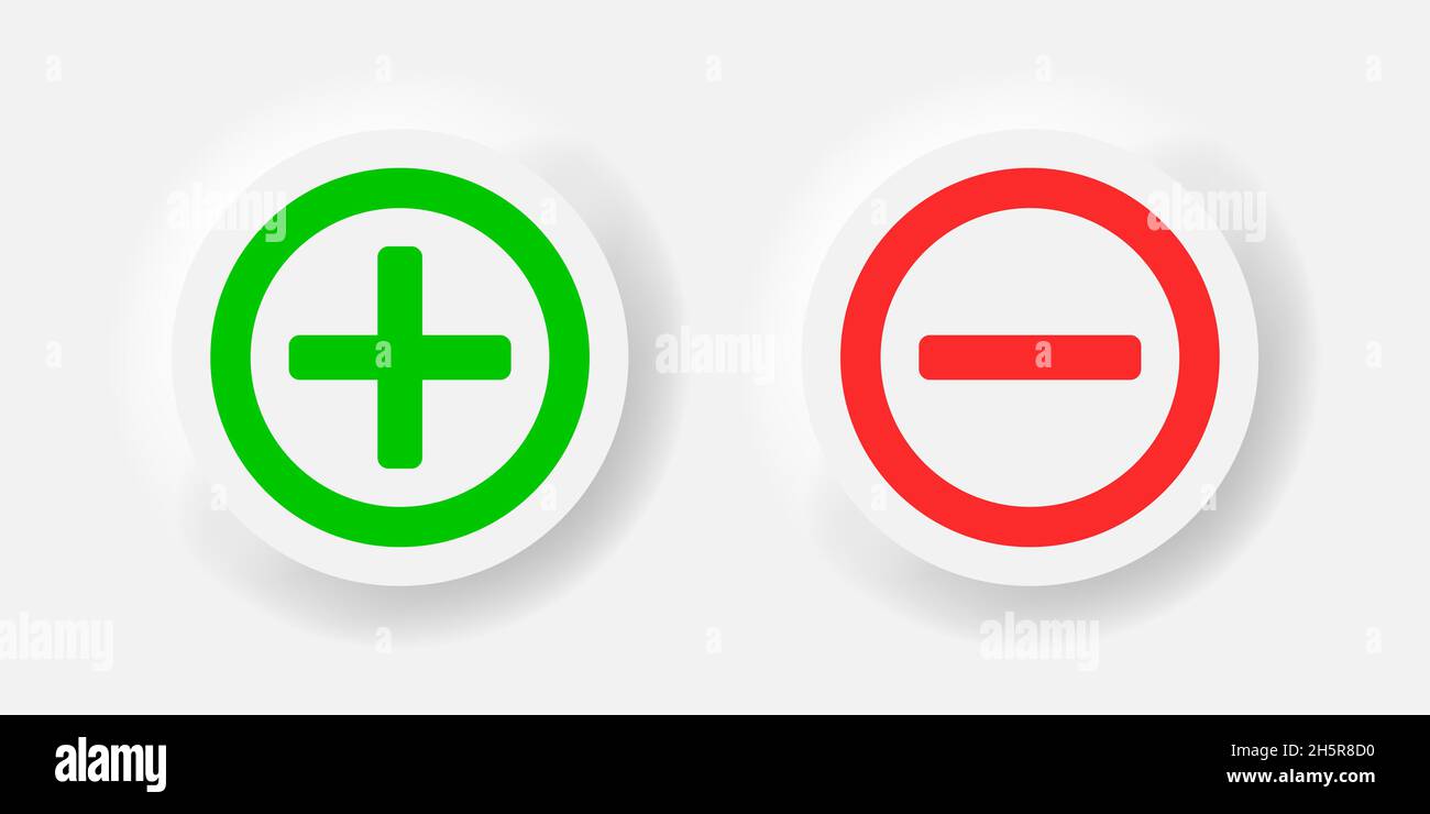 Plus and minus vector neomorphism style green and red icon, neumorphic calculation symbol marks illustration Stock Vector