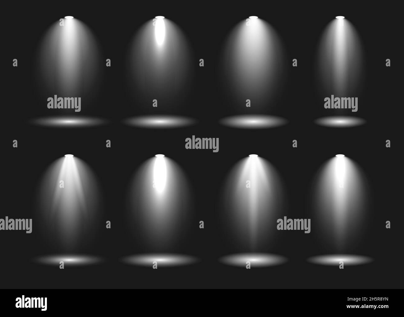 Spotlight scene light effects collection on dark background. Stage light spotlights vector shine illumination illustration Stock Vector