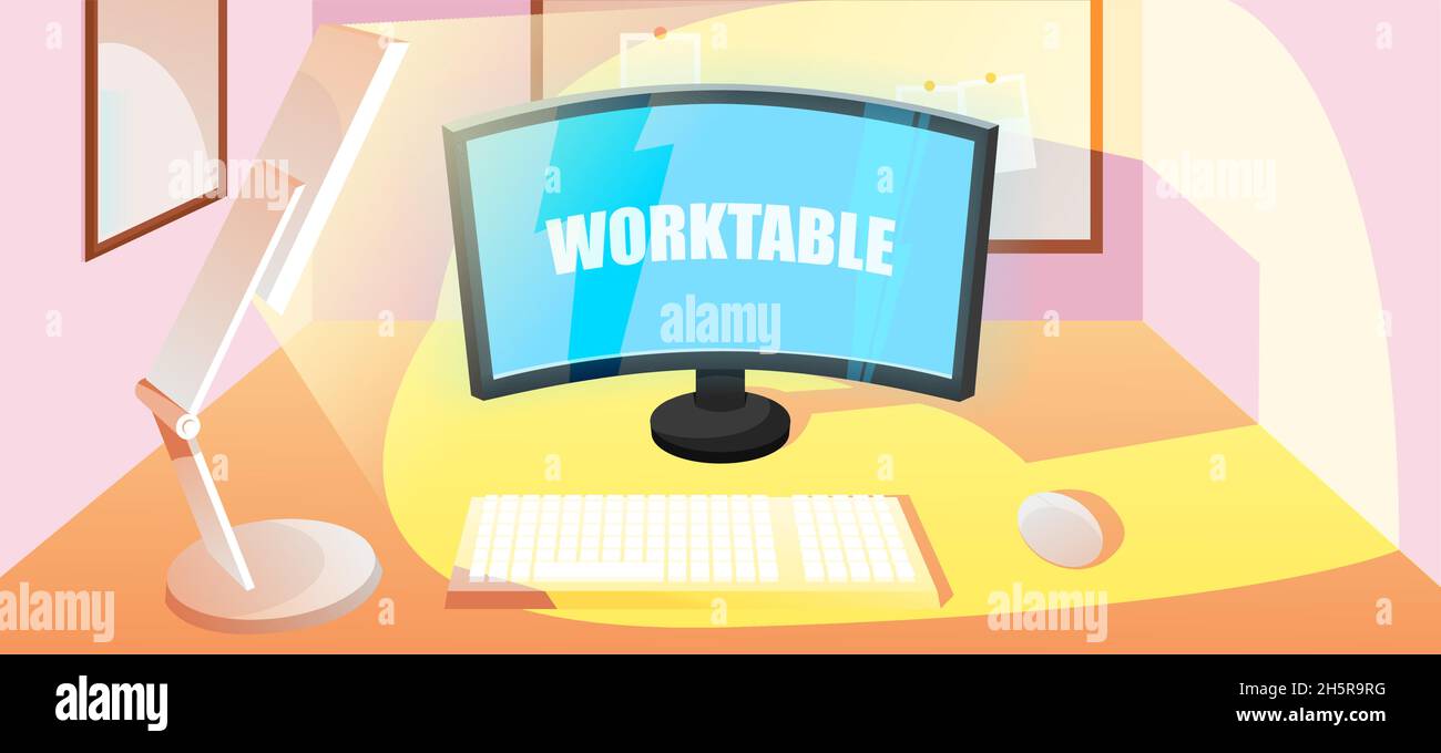 Workplace vector flat illustration, computer workspace backdrop template. Stock Vector