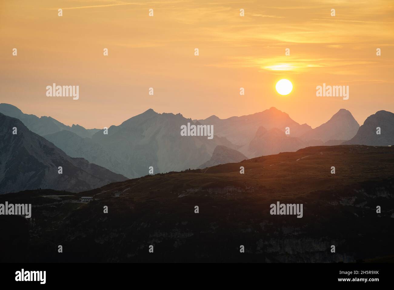 Sunset in the Dolomites mountains, Italy Stock Photo