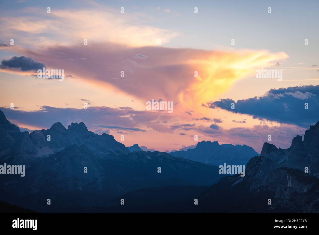 Sunset in the Dolomites mountains, Italy Stock Photo