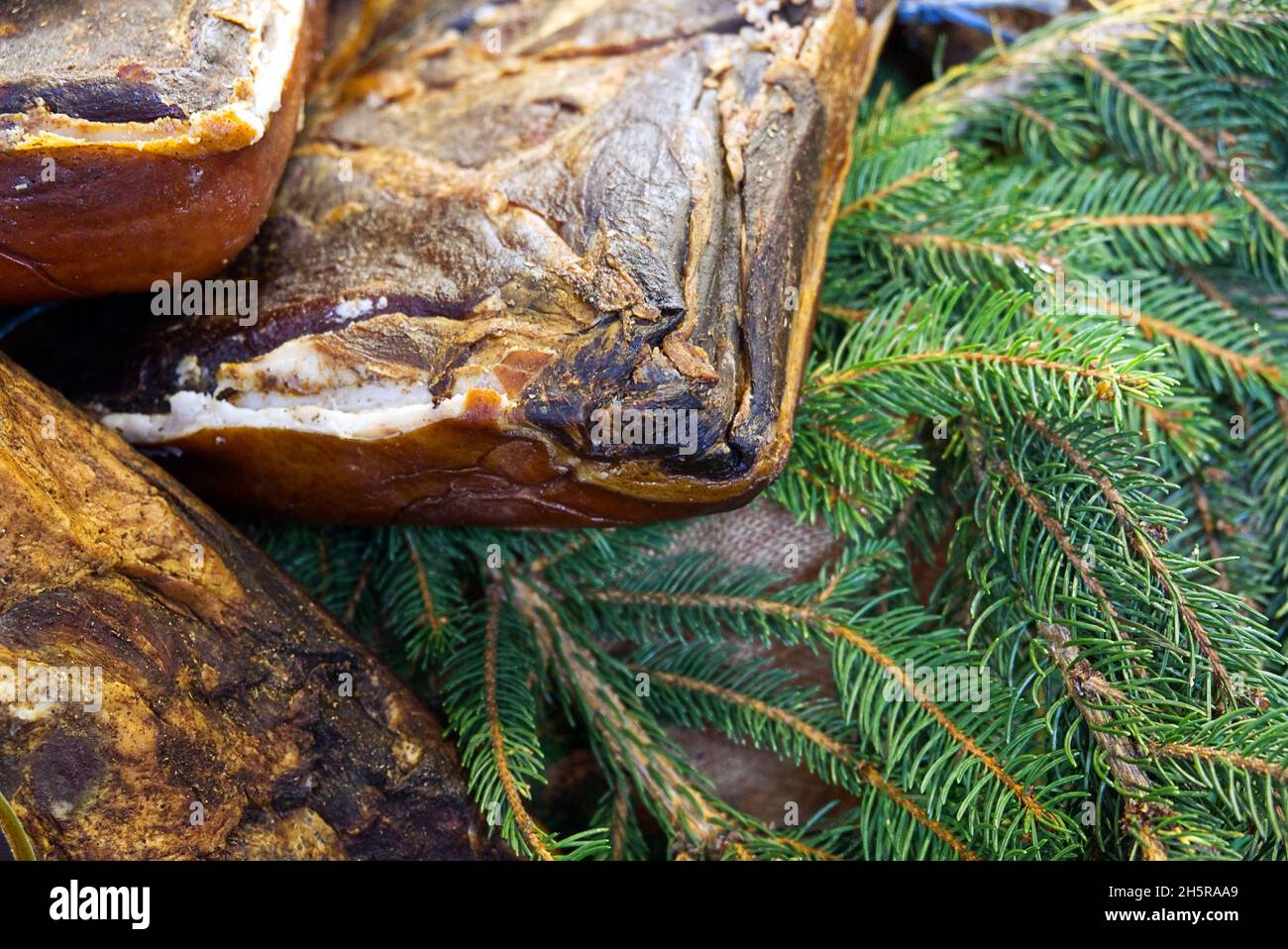 speck exhibition: smoked ham, a typical product of South Tyrol Stock Photo