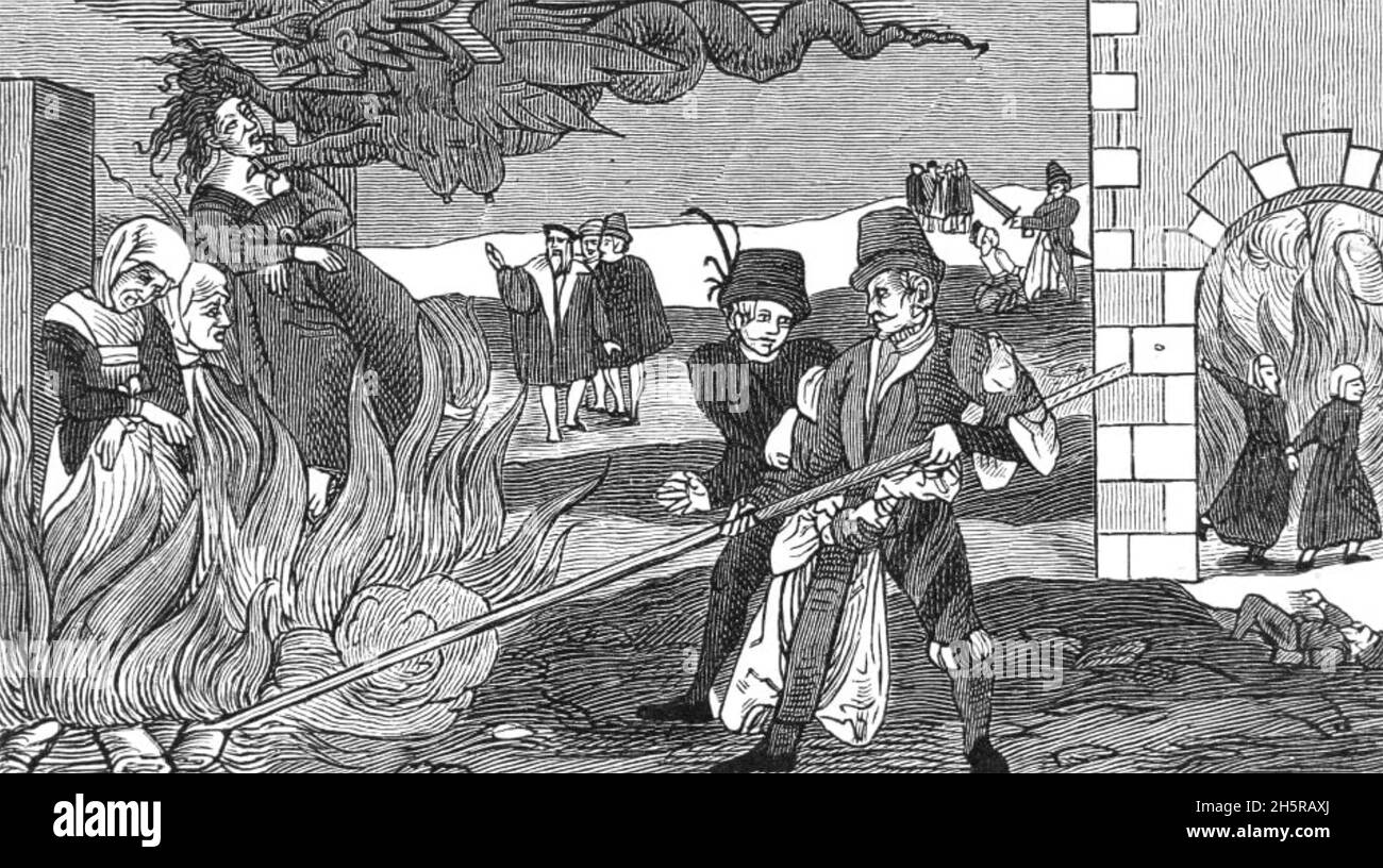 BURNING WITCHES in a German woodcut from 1555. In the background another  is being behead and at right two are shown entering hell Stock Photo