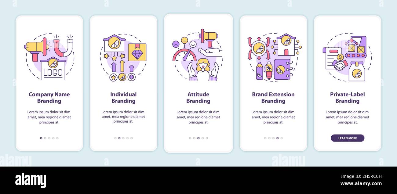 Types of branding strategies onboarding mobile app page screen Stock ...