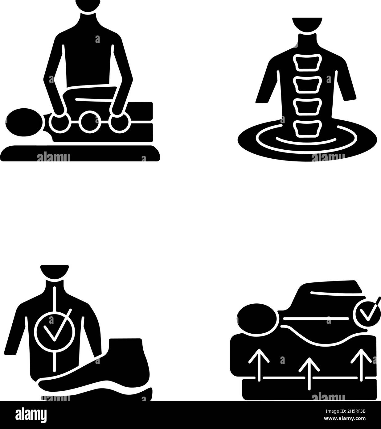 Spine problems prevention black glyph icons set on white space Stock ...