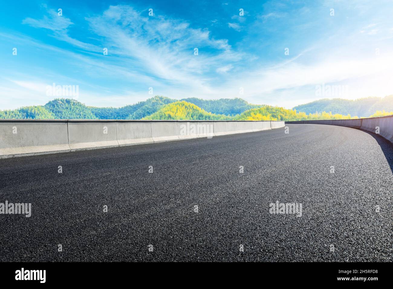 Asphalt Road And Green Mountain With Bamboo Forest Natural Landscape 