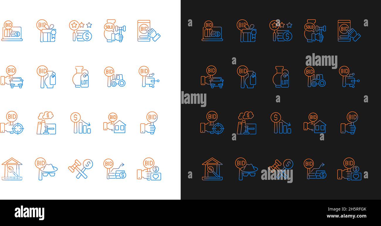Auction gradient icons set for dark and light mode Stock Vector