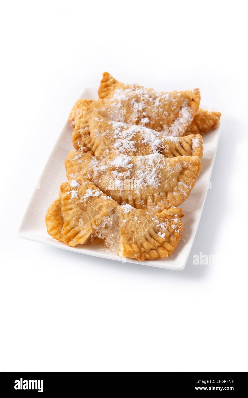 Spanish sweet stuffed pastry filled with angel hair isolated on white ...