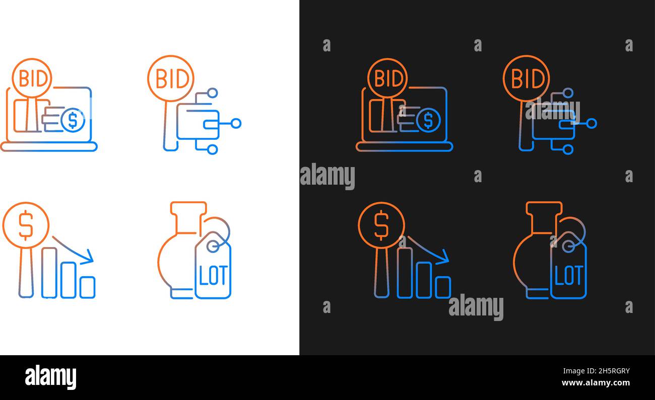 Electronic auctioning gradient icons set for dark and light mode Stock Vector