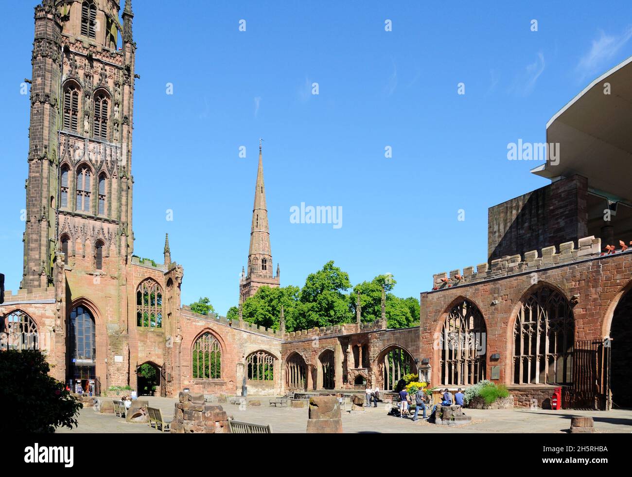 View inside the old Cathedral ruin with the Holy Trinity Church spire