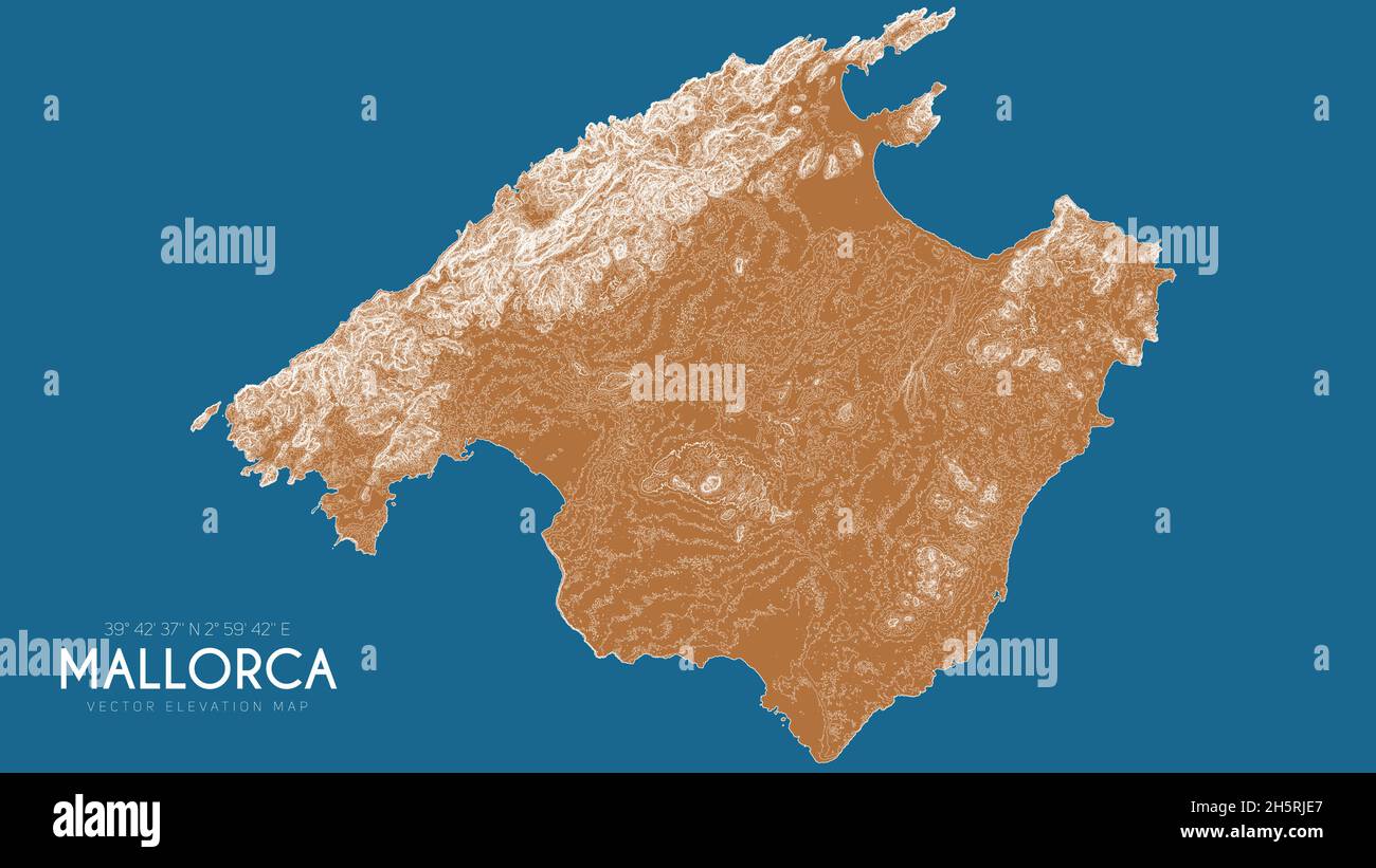 Topographic map of Mallorca, Balearic Islands, Spain. Vector detailed elevation map of island. Geographic elegant landscape outline poster. Stock Vector