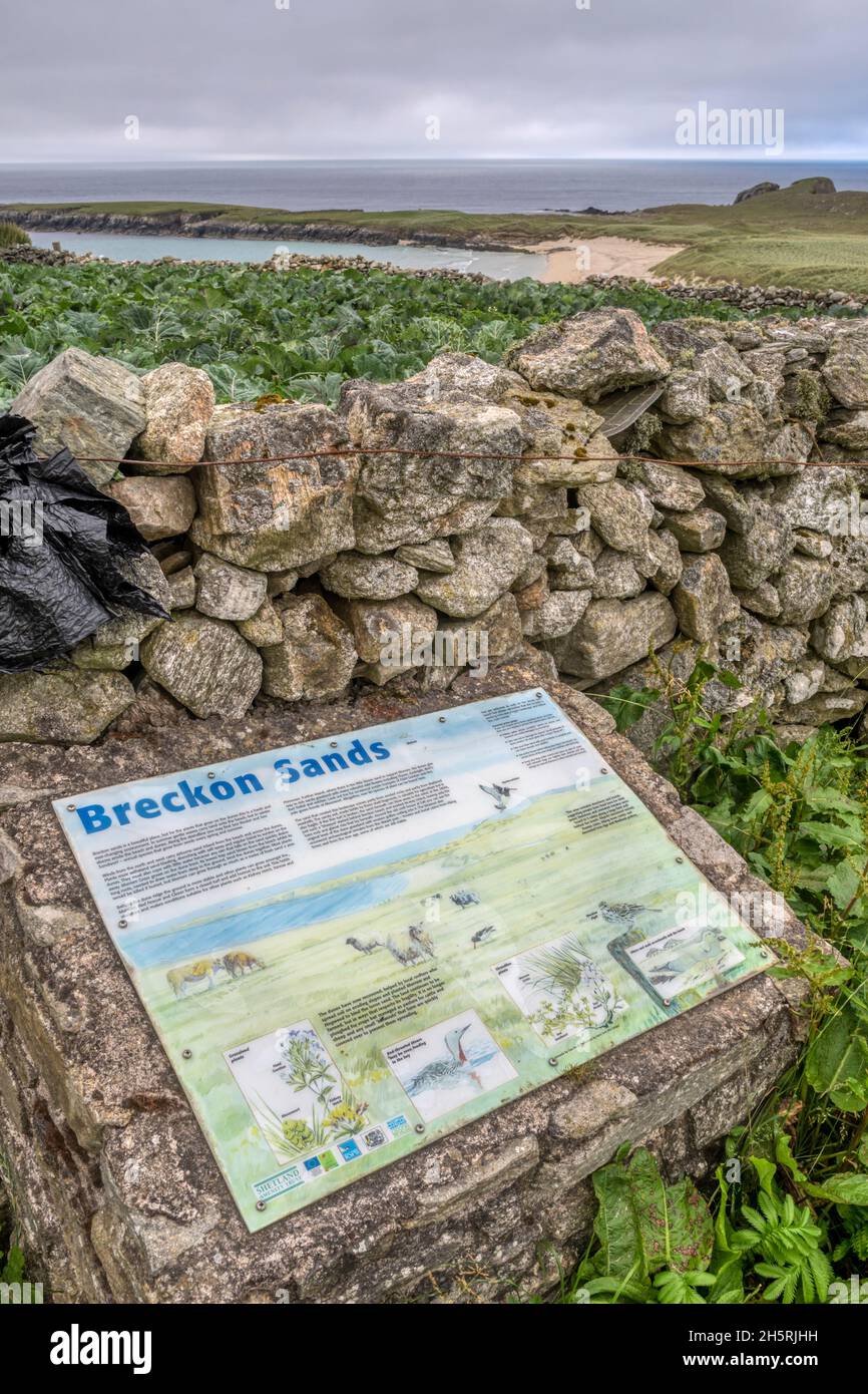 An information board with tourist information at Breckon Sands, Yell, Shetland. Stock Photo