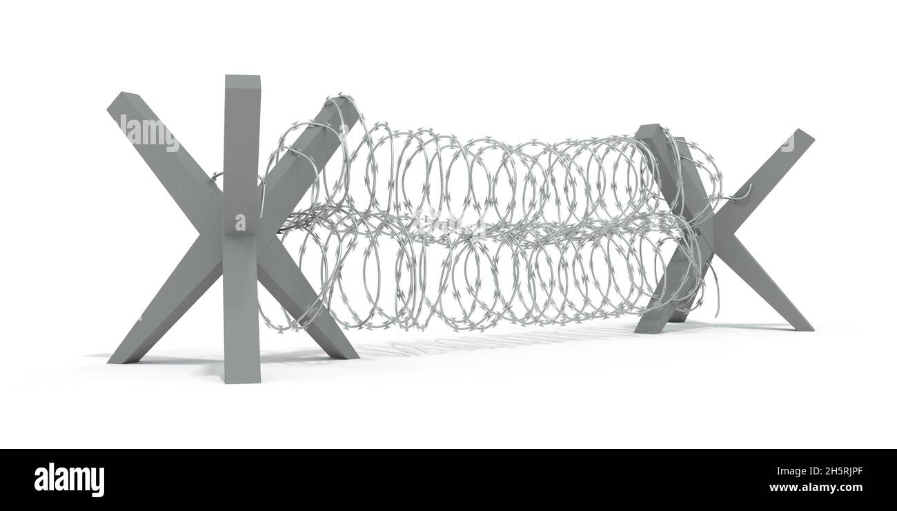 barbed wire on the border - white background - 3D Rendering Stock Photo