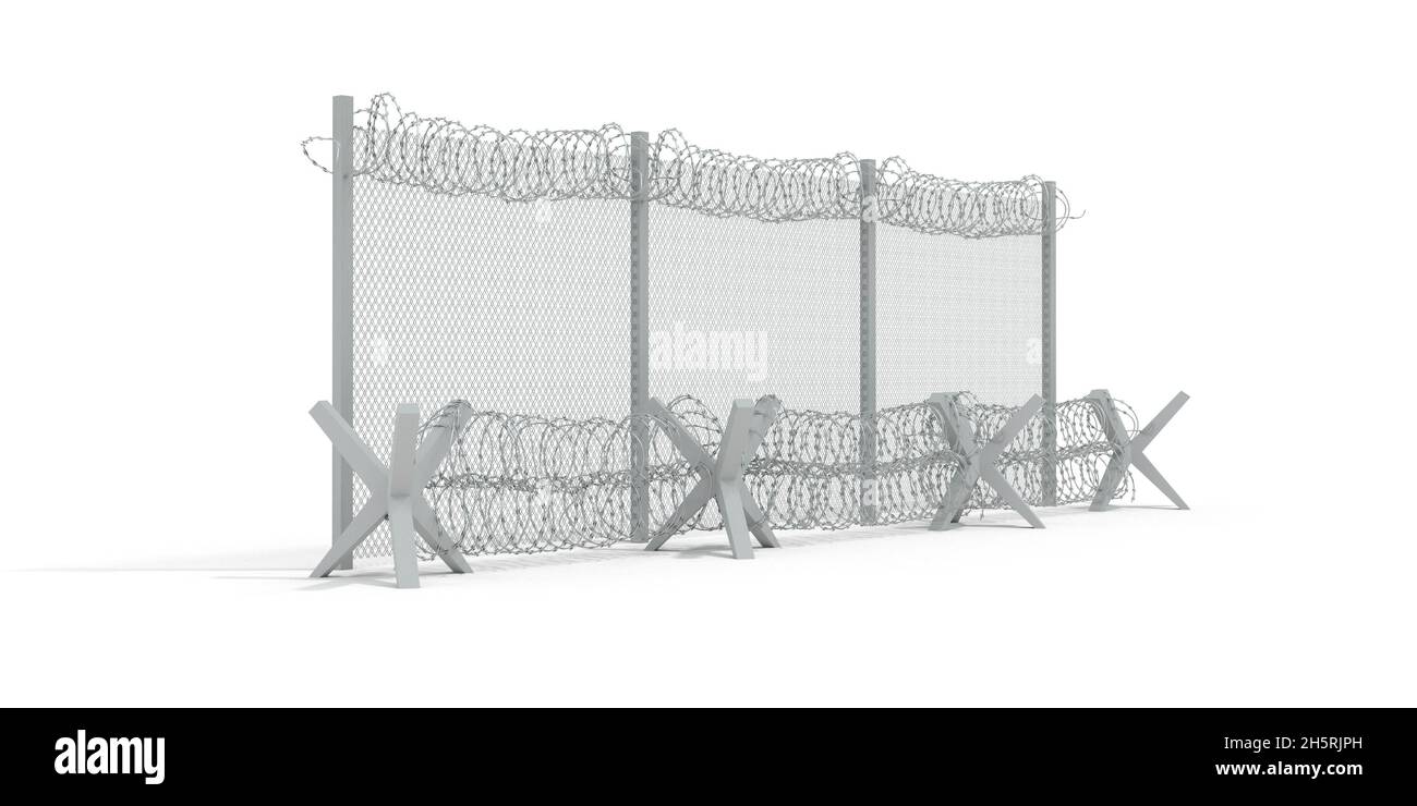 barbed wire and wire fence on the border - white background - 3D Rendering Stock Photo