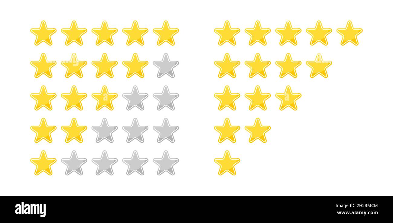 Star set 5 gold icon review. Vector isolated illustration in flat Stock Vector